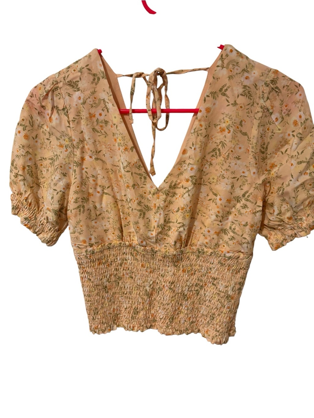 Madden Girl Peach Floral Tie-Back Smocked Crop Top
